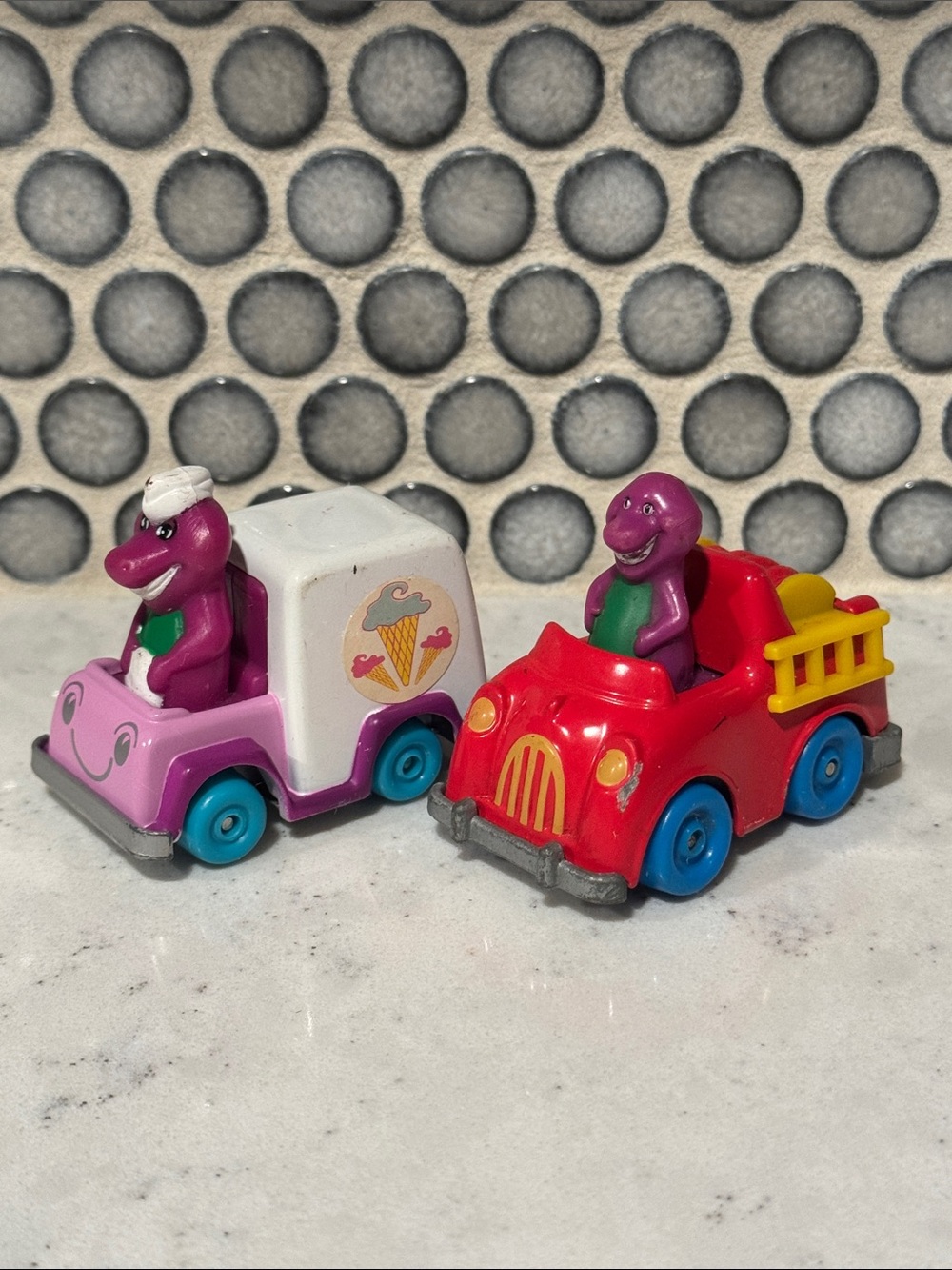 Vintage Lot of 2 Barney Purple Dinosaur Toy Cars Ice Cream Fire Truck Die Cast